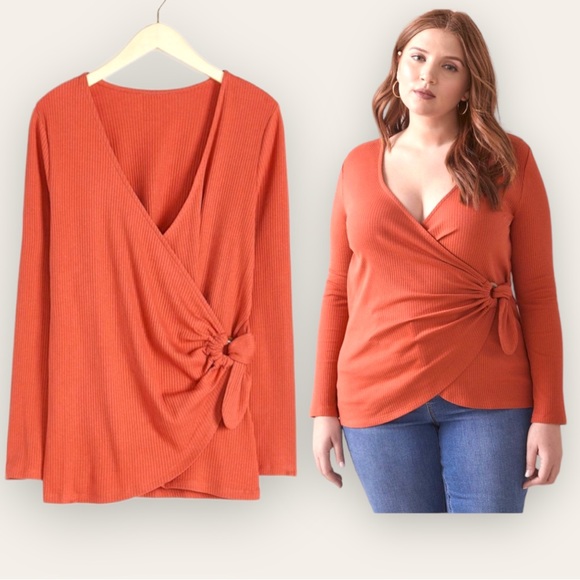 ADDITION ELLE - Tie-Front, D-Ring Ribbed Top, in Red Cinnabar - Picture 1 of 13